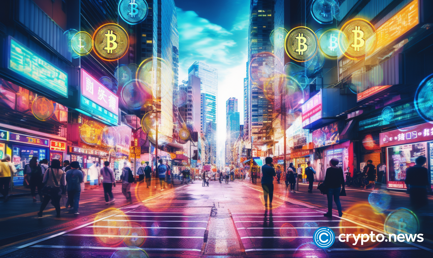 crypto news blockchain Hong Kong top side view blurry background day light neon colo