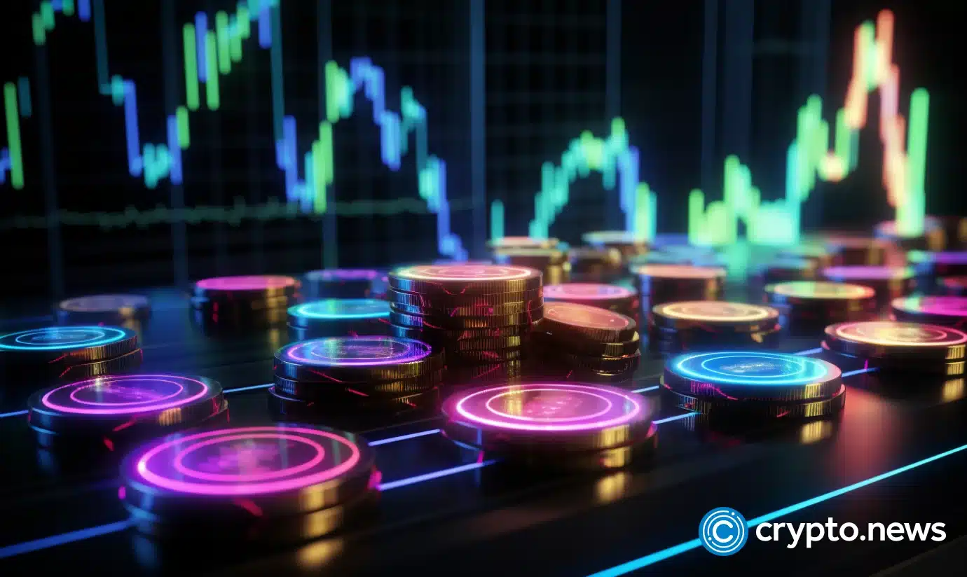 crypto news hologram coins trading chart is up background neon colors
