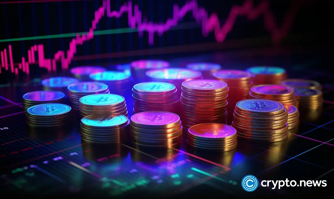 crypto news hologram coins trading chart is up background neon colors02