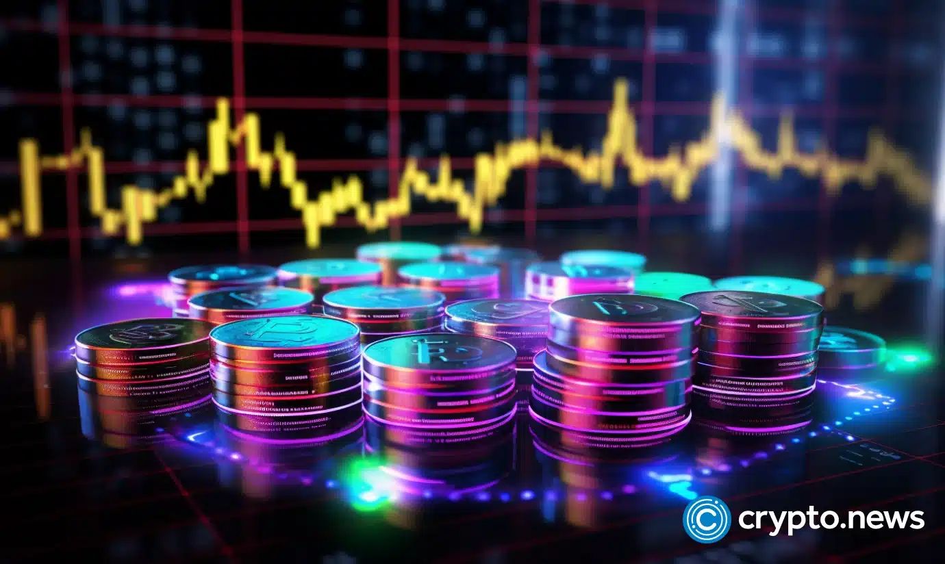 crypto news hologram coins trading chart is up background neon colors03