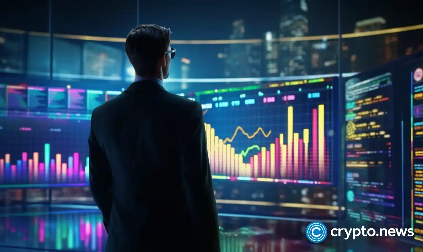 crypto news man see on the Central Bank Digital and trading chart backside view blurry blockchain world background bright colors realistic 4k style