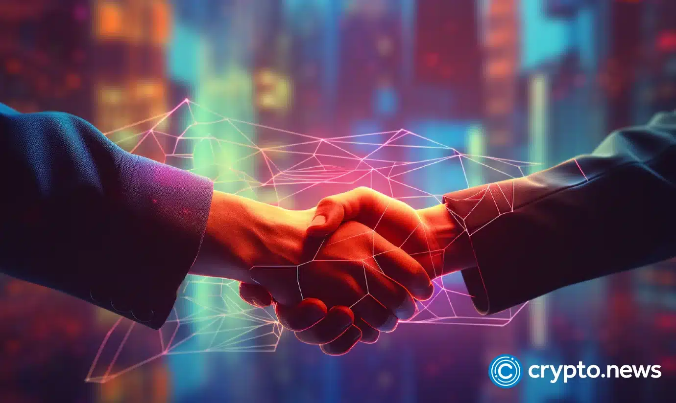 crypto news two people shaking hands deal office background neon colors02