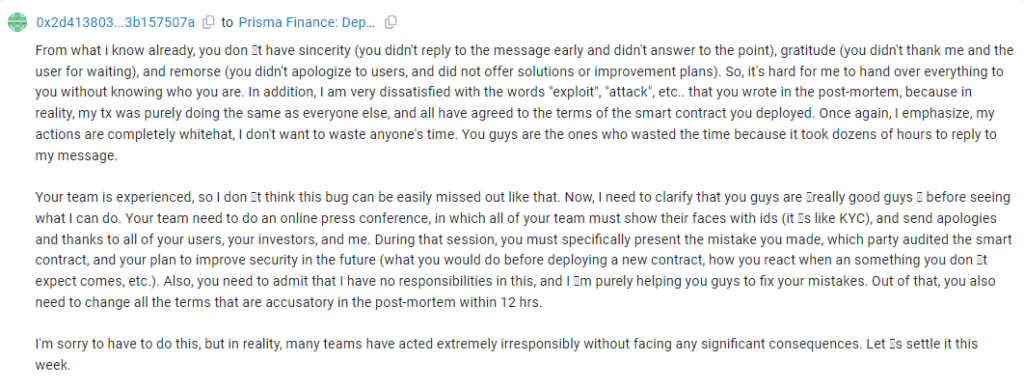 Prisma Finance hacker demands live conference, apology after $11m breach - 1