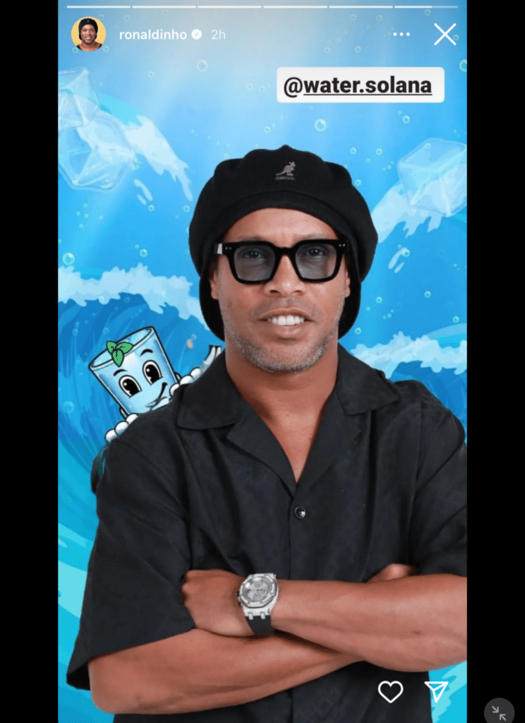 Ganhos de memecoin WATER diminuem após promoção de Ronaldinho