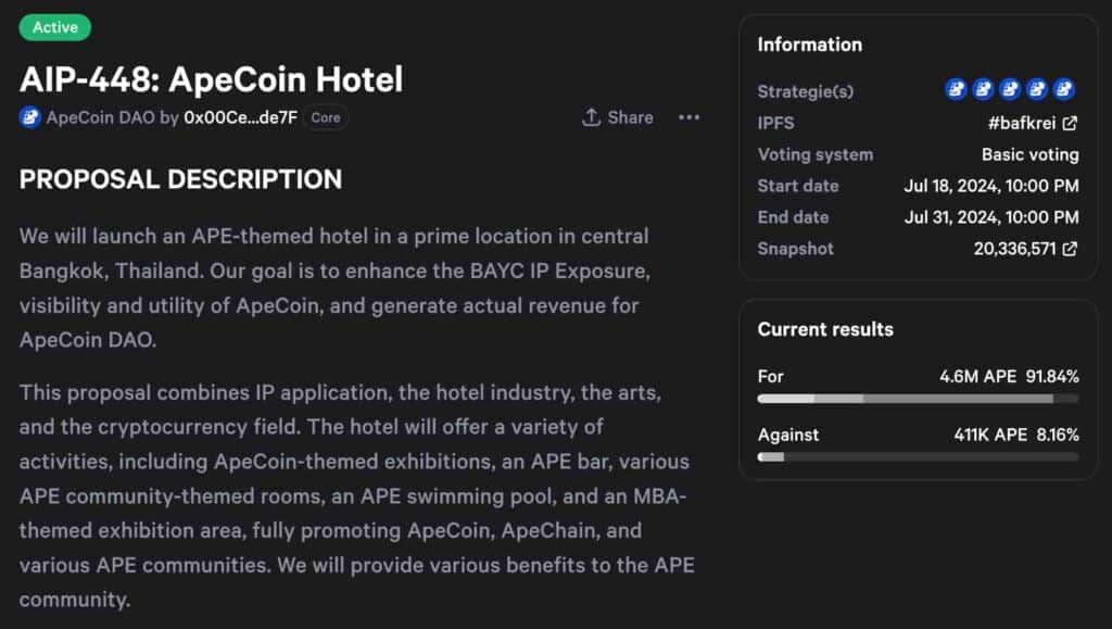 ApeCoin DAO、バンコクにAPEをテーマにしたホテルをオープンすることに投票