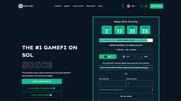 GambleFi token Mega Dice to list in 2 days, presale nears $2M - 1