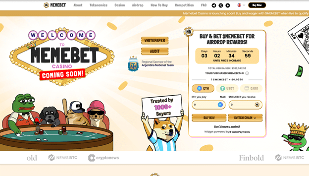 Memebet the first memecoin casino raises $360K in presale; $10K airdrop ahead - 1