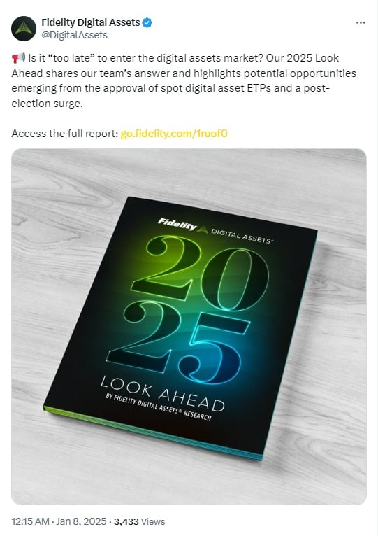 Cover of Fidelity Digital Assets' 2025 Look Ahead report featuring bold '2025' text with a gradient color design, highlighting key trends in the digital assets market. The report lies on a wooden surface, accompanied by text promoting insights on spot digital asset ETPs and market opportunities.