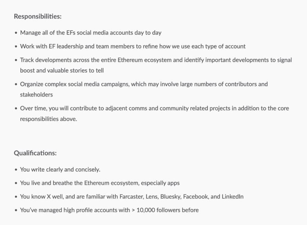 Ethereum Foundation Job Posting | Source: Josh Stark on X