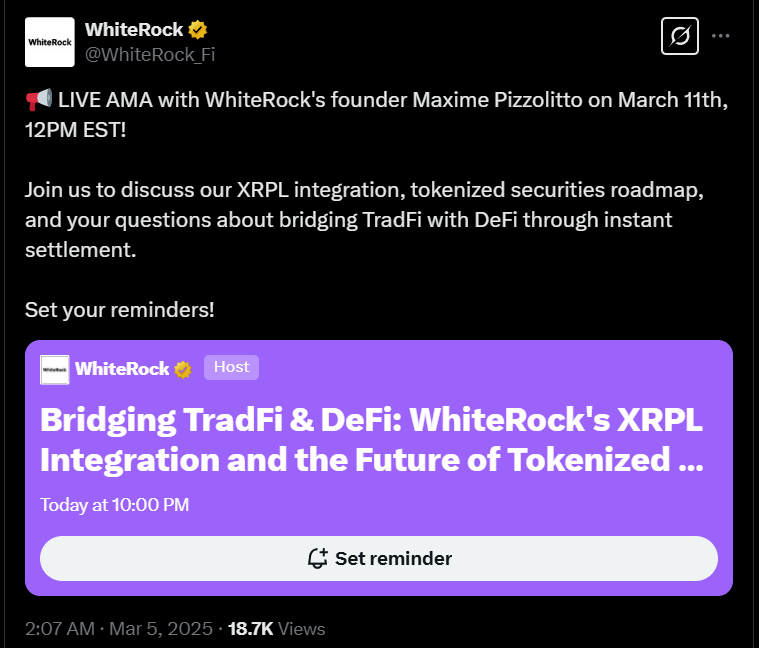 WhiteRock XRPL testnet reports strong performance, AMA set for March 11