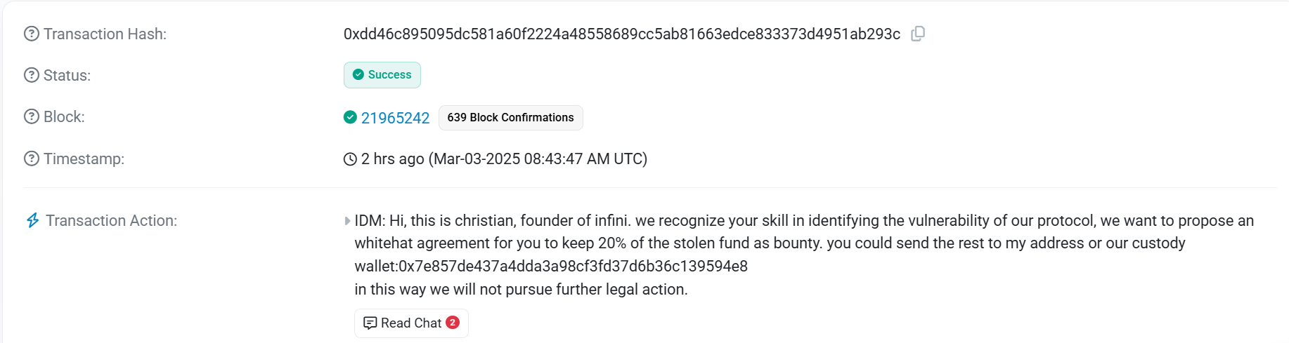 Infini founder reaffirms 20% bounty and legal immunity to Infini hacker for return of stolen funds - 1