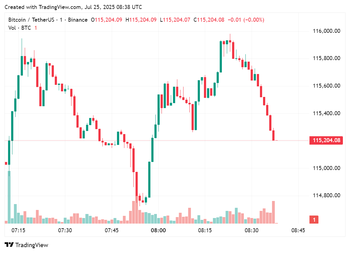 Price chart for Bitcoin in the past few hours, July 25, 2025 | Source: crypto.news
