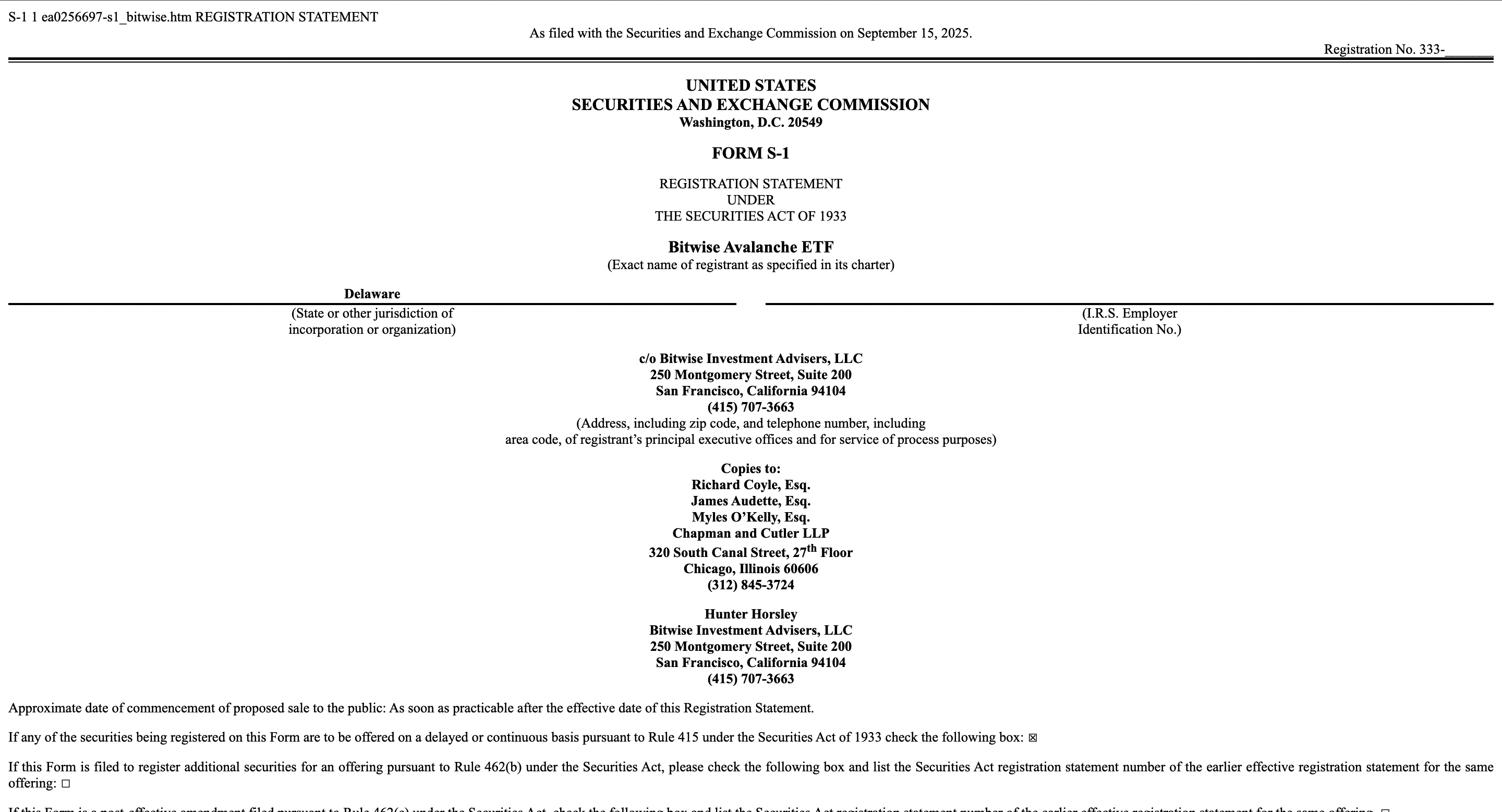 Image showing Bitwise's S-1 filing to launch an Avalanche ETF.
