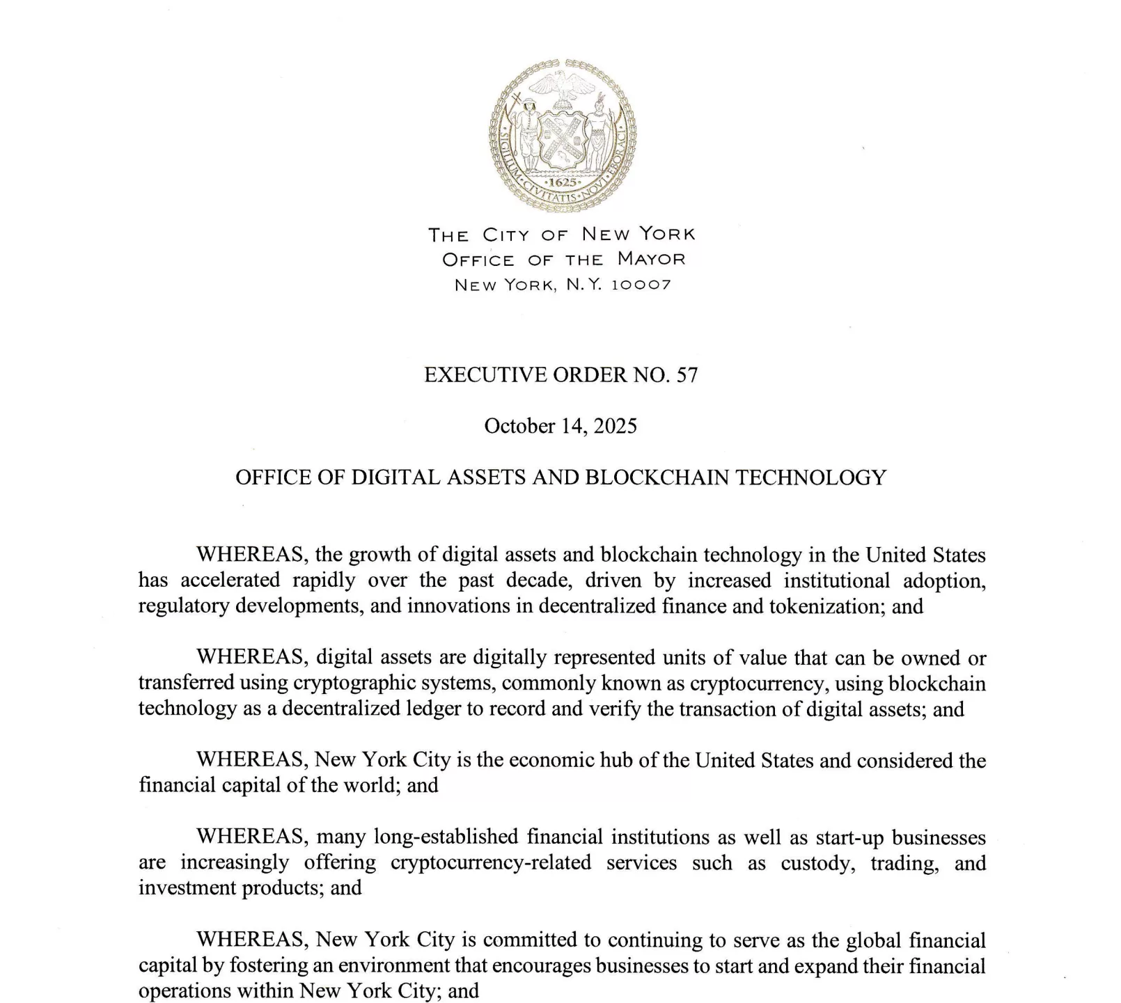 Screenshot of Executive Order 57 establishing NYC’s first office dedicated to crypto.